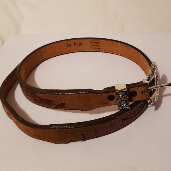 Tony Lama wes brown leather belt with stitch detailing and metallic heart decals main image 4